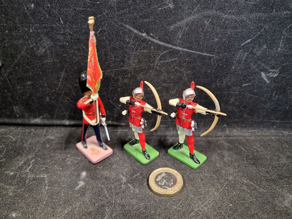 Lot 760: Vintage Britains Metal Figures. Two 41133 Warwick Castle Bowman and 43050 Scots Guard 1:32 Scale