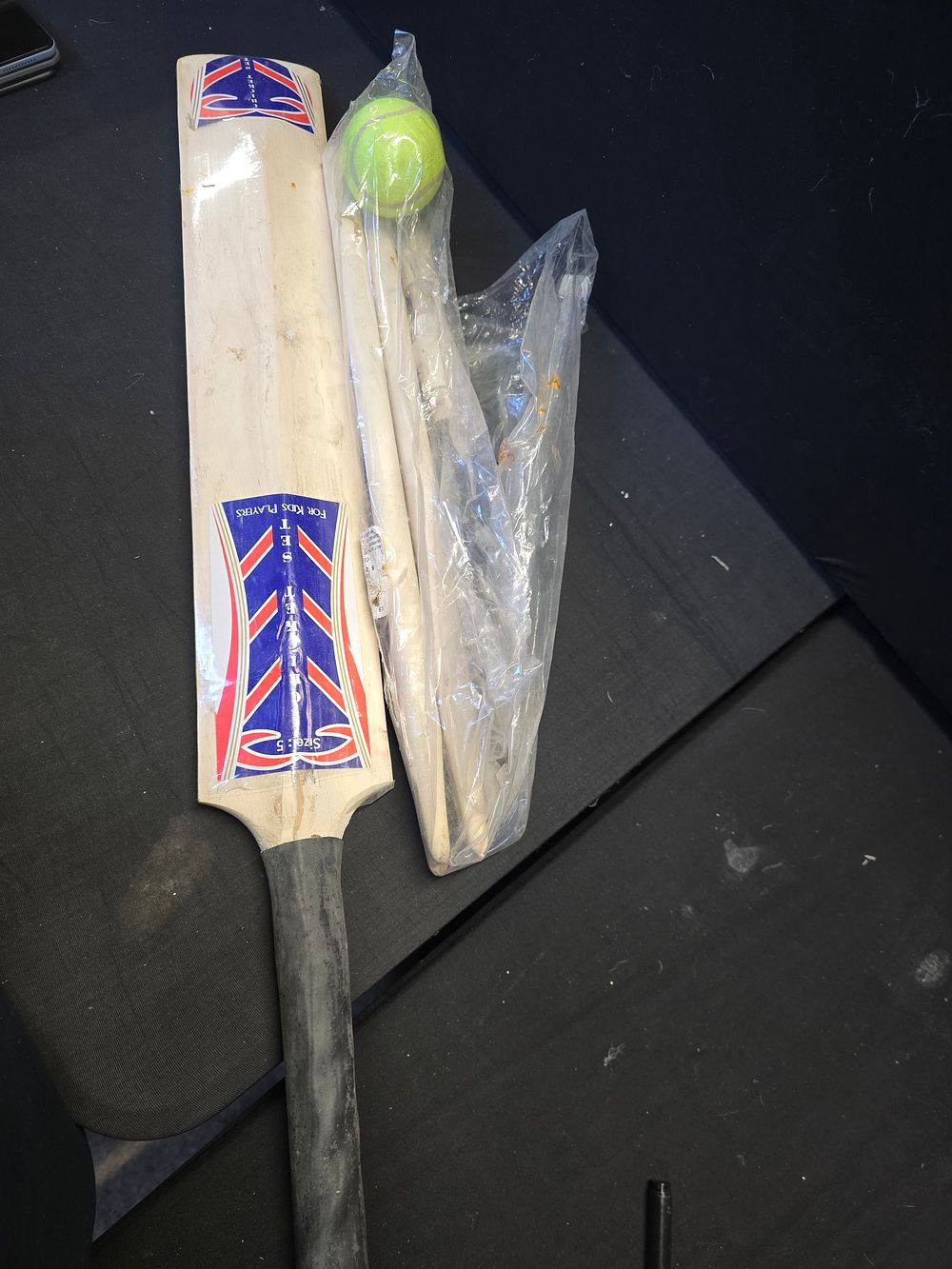 Lot 787: Brand new kids wooden cricket bat, wickets and ball