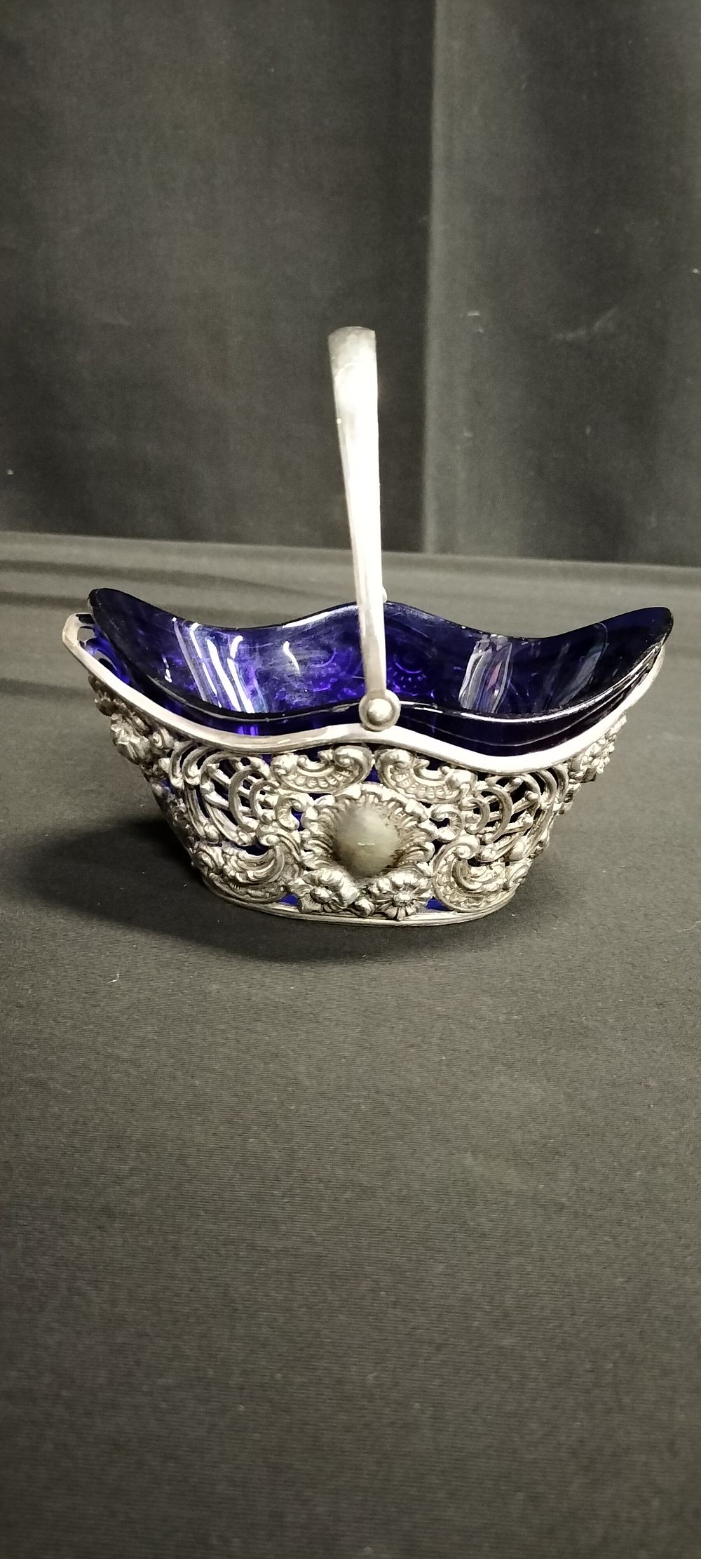 Lot 266: Sterling Silver Sugar Basket with Cobalt Blue Glass...