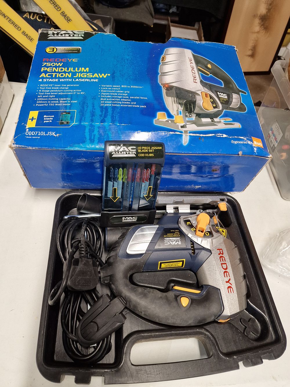 Lot 503: MacAllister Redeye 750w Pendulum Action Jigsaw and Blades....