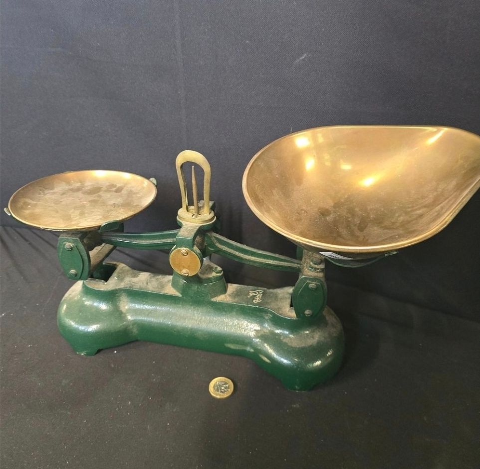Lot 597: Green cast metal weighing scales