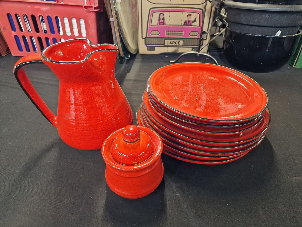 Lot 647: Red Jug, Pot and Plates COLLECTION ONLY