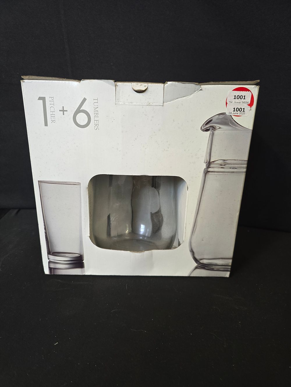 Lot 594: Brand new glass pitcher and 6 tumblers