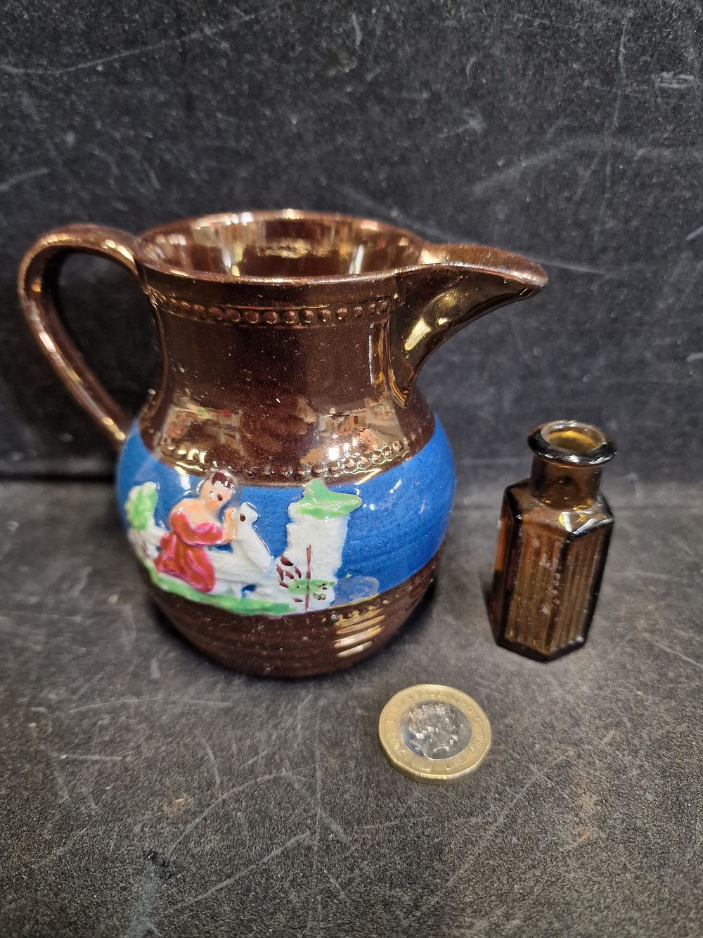 Lot 680: Vintage 1930s Decorative Copper Lustre Creamer Jug and Small Glass Bottle