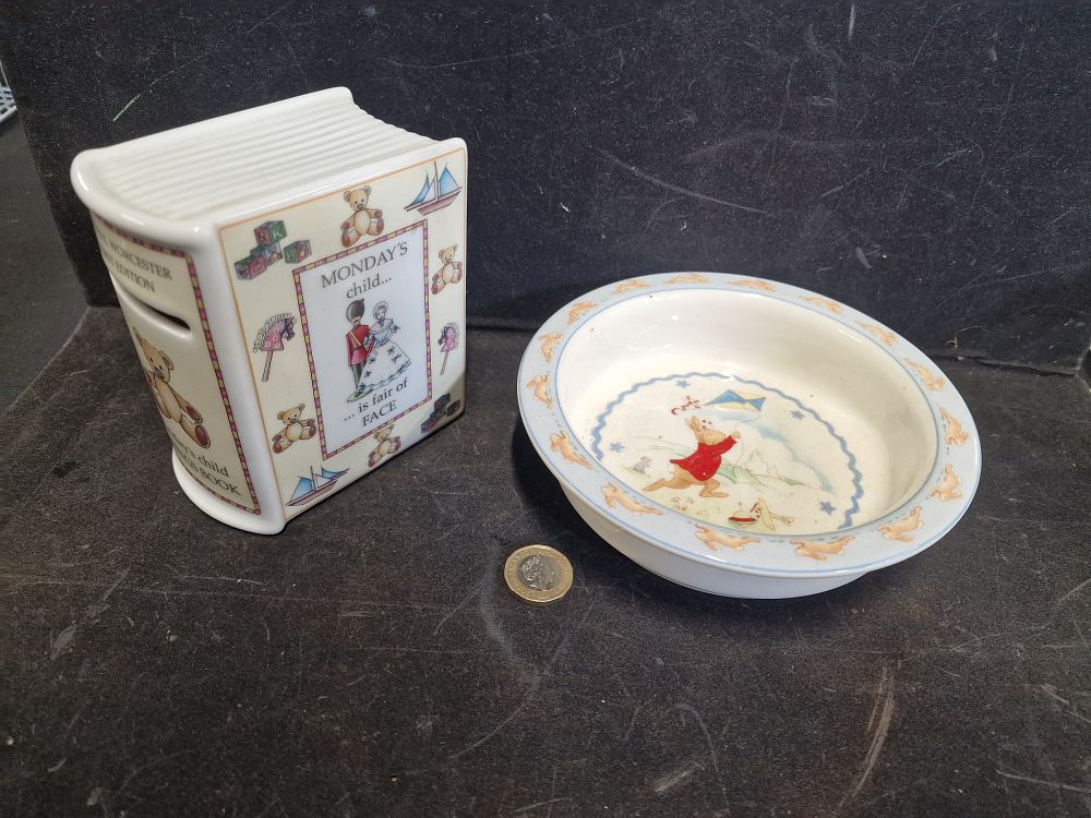 Lot 681: Royal Doulton Bunnykins Shining Stars Bowl and Royal Worcester First Edition Mondays Child Savings Book