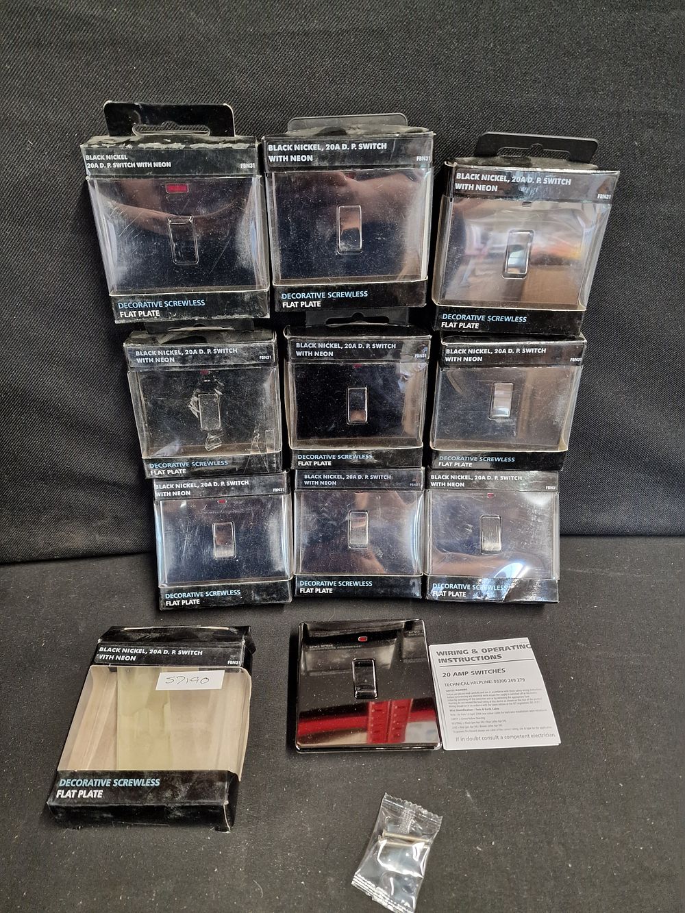 Lot 710: x10 Brand New Black Nickel 20Amp Double Pole Switch with Neon by British General