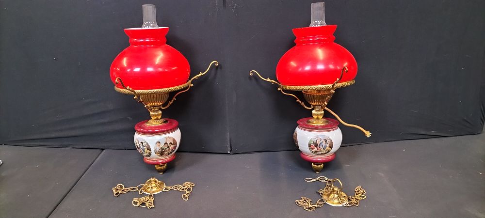 Lot 179: Two Vintage Converted porcelain Ceiling lights with Glass...