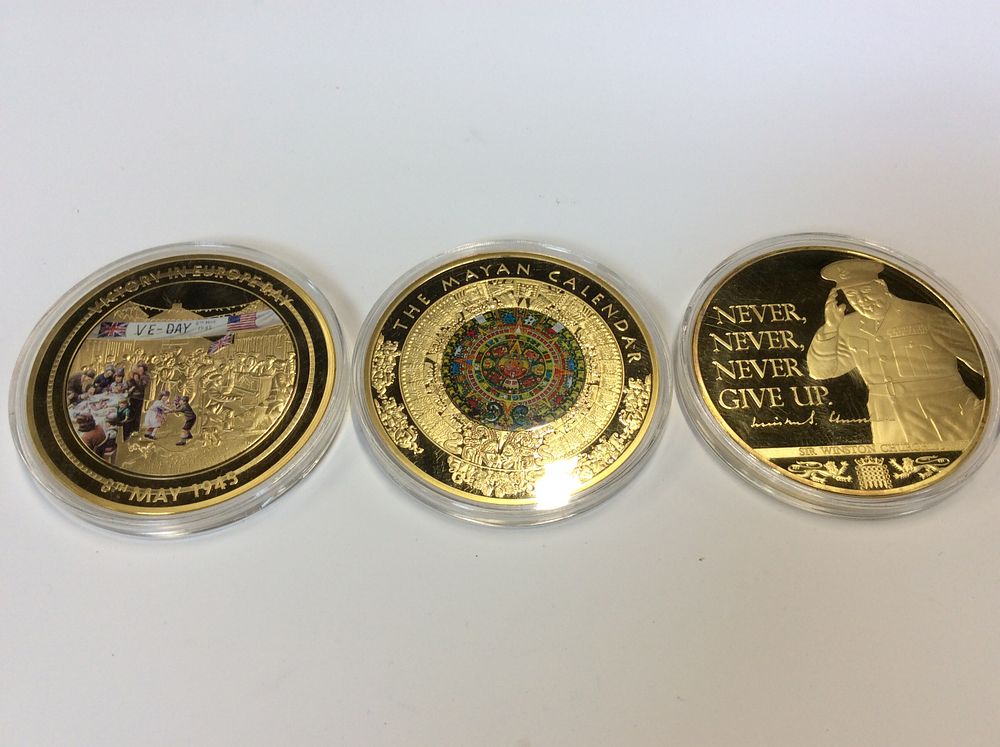 Lot 189: Three Gold Plated 70mm Proof Coins. Victory in...