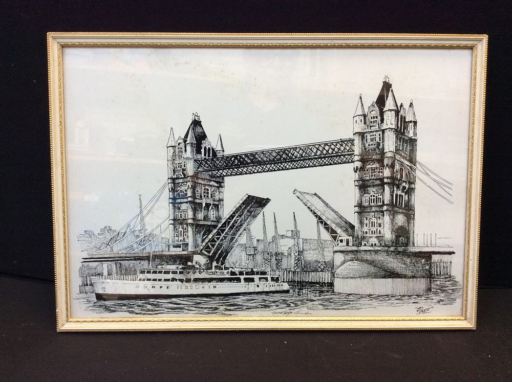 Lot 194: Framed Ink Drawing of Tower Bridge London. By...