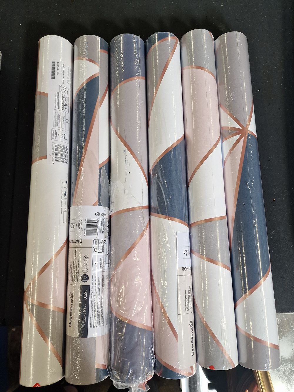 Lot 738: x6 Rolls GoodHome Eastnor Vinyl Smooth Wallpaper Pattern 107516 Apex Geo Pink/Navy