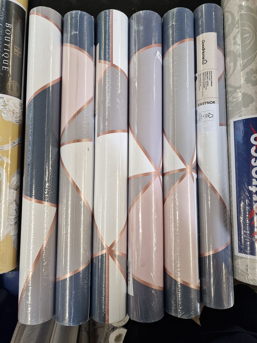 Lot 741: x6 Rolls GoodHome Eastnor Vinyl Smooth Wallpaper Pattern 107516 Apex Geo Pink/Navy