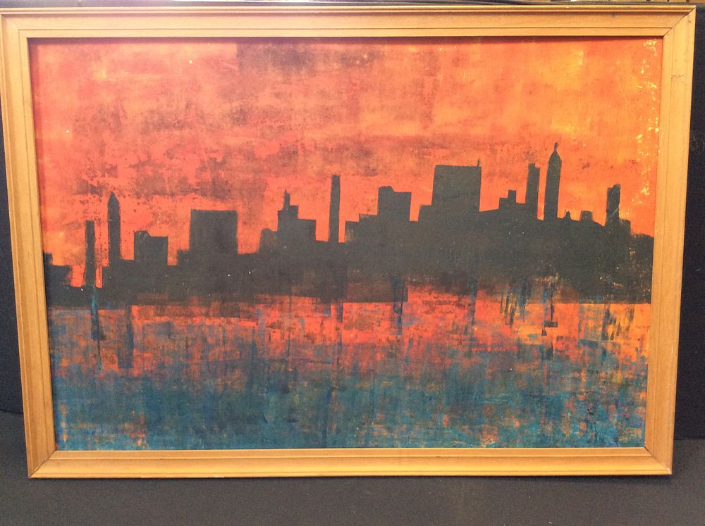 Lot 198: Framed Painting on Board of a SkyLine at...