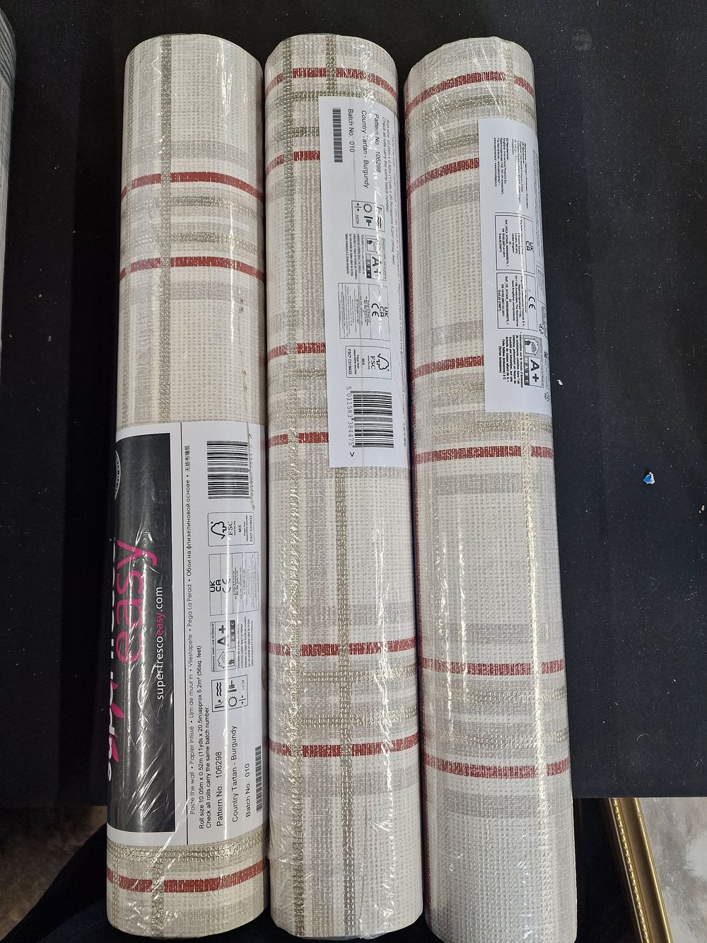 Lot 757: x3 Super Fresco Paste the Wall Wallpaper Pattern 106298 Country Tartan Burgundy