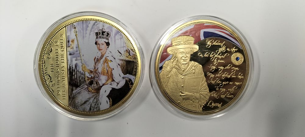 Lot 212: Two Large 70mm Gold Plated Coins Commemorating Queen...
