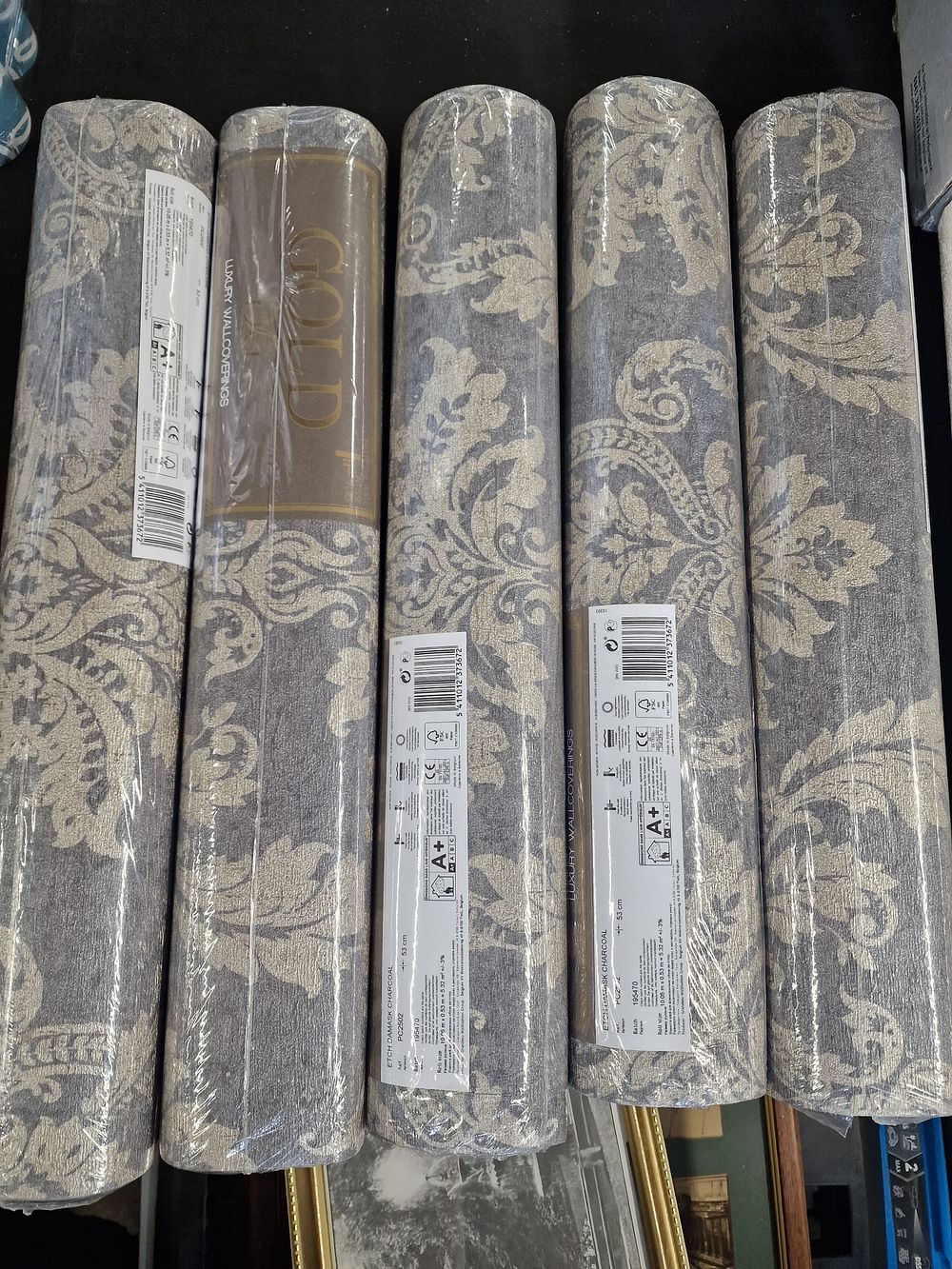 Lot 761: x5 Gold Luxury Wallcoverings Pattern PC2502 Etch Damask Charcoal