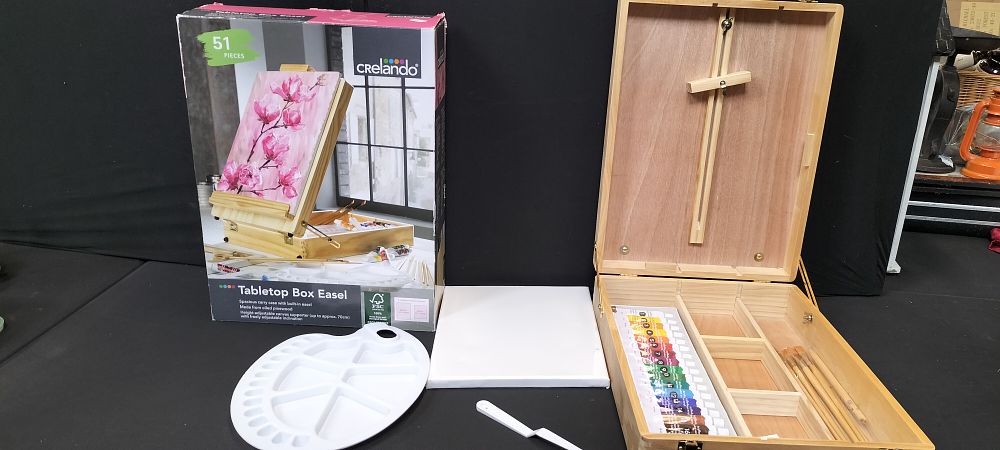 Lot 218: Crelando Boxed Tabletop Box Easel. Including Paints, Brushes,...