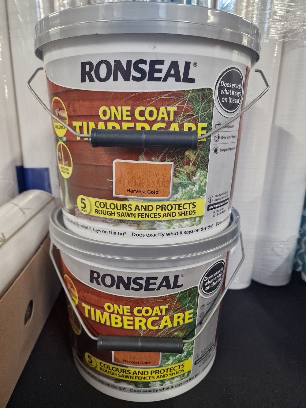 Lot 777: x2 5lt Ronseal One Coat Timbercare Harvest Gold COLLECTION ONLY