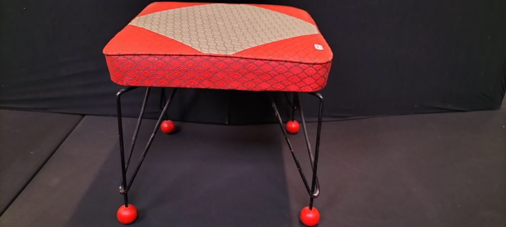 Lot 246: Red and Grey Retro Footstool with Ball Feet....