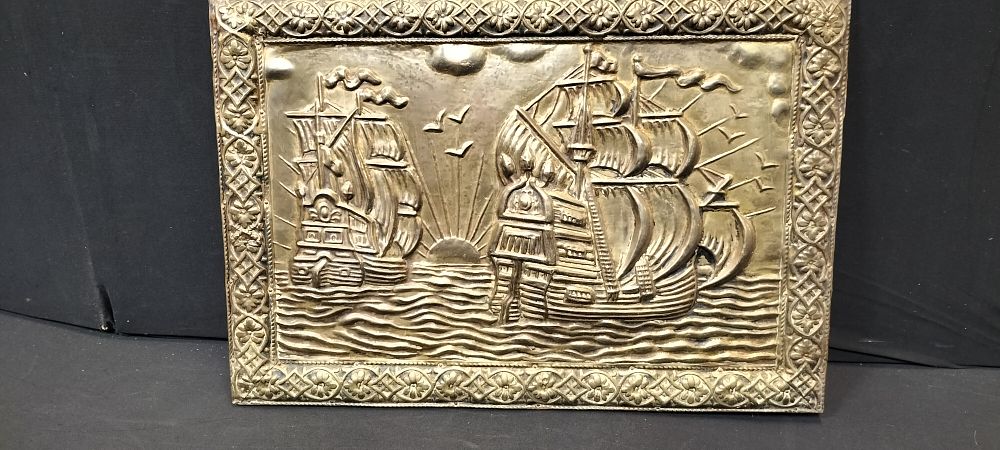 Lot 264: Brass Wall Plaque on Board Featuring Two Ships....