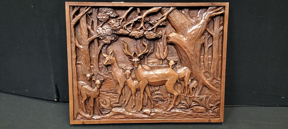 Lot 265: Wood Carving of a Woodland Scene With Deers....