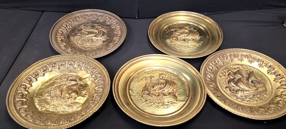 Lot 273: Five Brass Wall Plaques Featuring Ships at Sea
