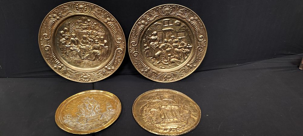 Lot 276: Four Mixed Sized Brass Wall Plaques Featuring Various...