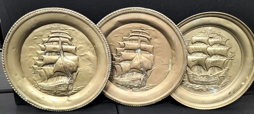 Lot 290: Three Large Vintage Brass Wall Plaques Featuring Ships...