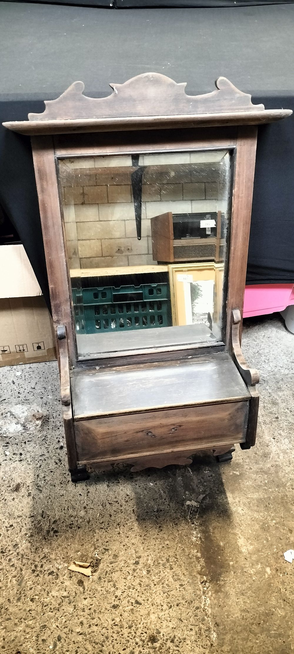 Lot 280: Vintage wooden Mirror with Lid Opening Drawer. Measures...