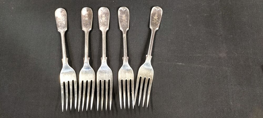 Lot 281: Five Sterling Silver Hallmarked Monogrammed Forks. Date Letter...