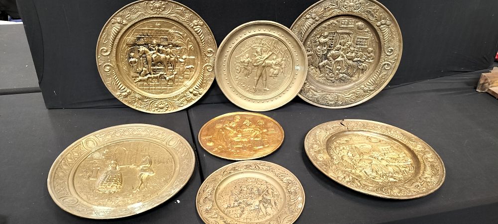 Lot 573: Seven Vintage Brass Wall Plaques Featuring Various Subjects