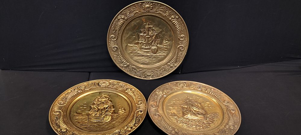 Lot 575: Three Brass Wall Plaques Featuring Various Ships at...