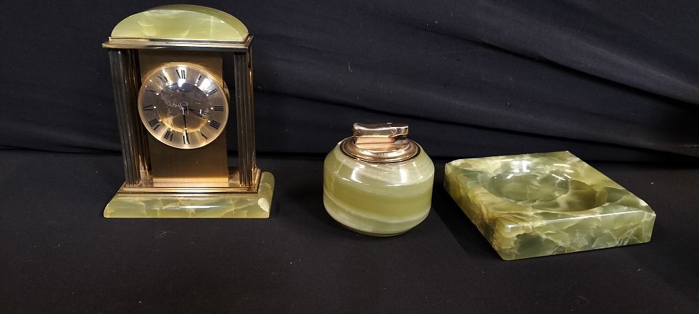 Lot 595: Three Various Items a Green Onyx Mantle Clock,...