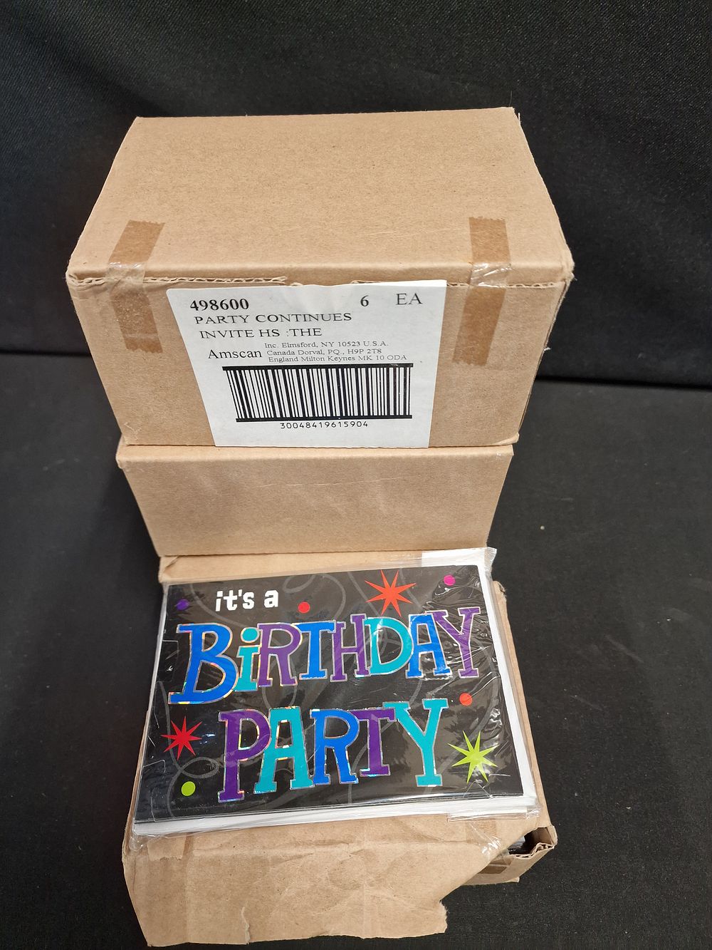 Lot 765: Its a brithday party. Party invatations.  Foir boxes. Six packs per box. 8 invites in each pack