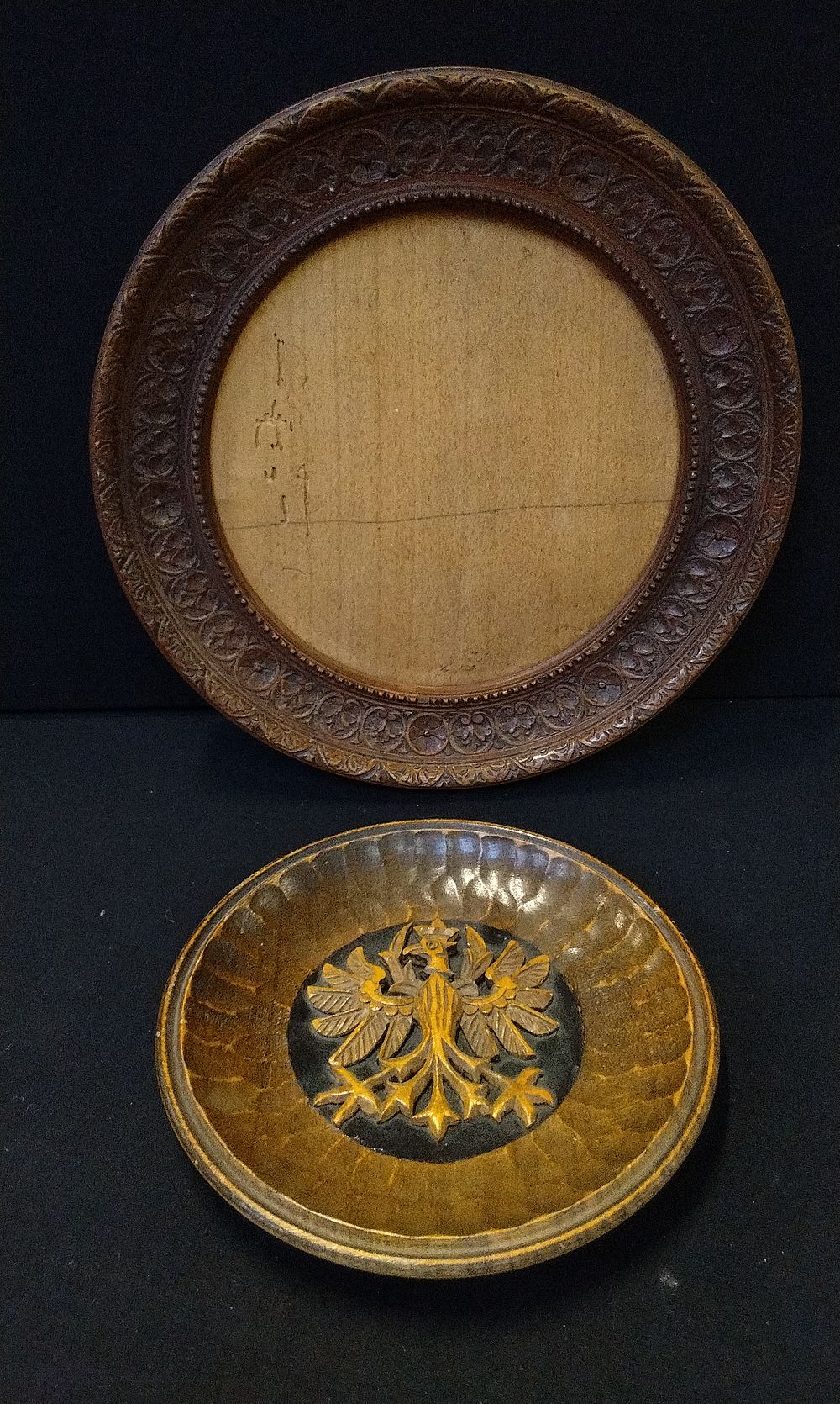 Polish wooden plate with Polish Eagle and a Ornate Dark Wood Circular Picture Frame
