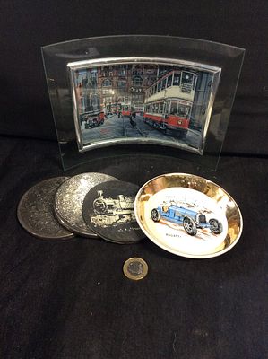 A few coasters a glass photo frame and a nicnac small dish, with a Bugatti motif