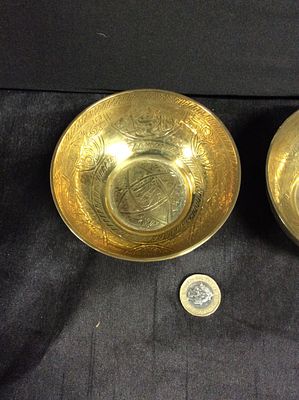 2 antique Middle Eastern Brass bowls. Intricate hand etched Arabic or Islamic design either used