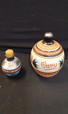 Priddoe's pottery Port and Sherry Decanters. Decorated, Sherry Flaggon and Little Bud Port decanter.