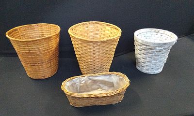 Woven Baskets and Planter. Three Brown and one White
