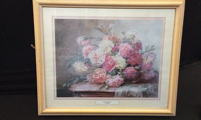 Framed Print of L. Louppe Prize Carnations. Measures Approx H181. 5 x W56. 5 cm