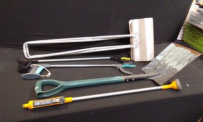 Mixed Tools and Other ther Items. Garden Spade, Metal Super Grabber, Two Pick Up Aids, and a
