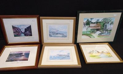 6 x Framed Mixed Media Artworks. Artists. J. Yeaman, James Lester, E. Bastian, and C. French.