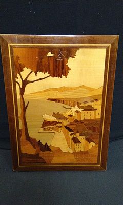 Marquitry inlaid Coastal Scene Picture. Measures Approx H38 x W28 cm