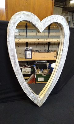 White Washed Wood Heart Shaped Mirror. Measures Approx H62. 5 x W41 cm