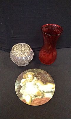 Two Glass Vases and a Circular Coaster. Cut Glass Flower Bowl with Glass Frog, Red Tulip Vase.