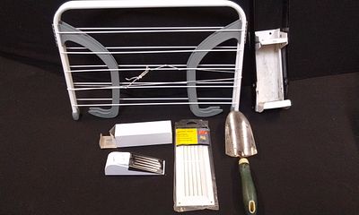 Various Items. Two Radiator Drying Racks, Louvre Vent, Wall Mounted Can Crusher, and a Battery