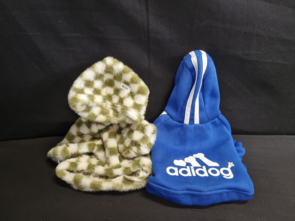 Lot 152: A Adidog tracksuit and a Checkered Hoodie for a Small dog