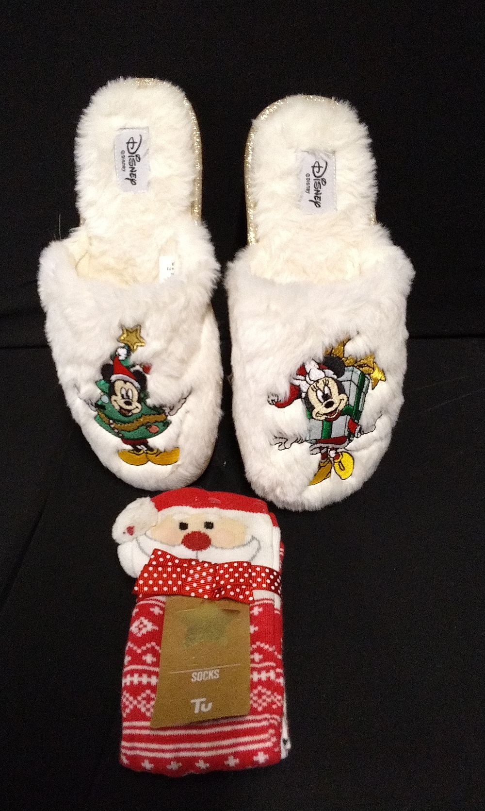 Lot 171: Pair of Disney Minnie and Mickey Mouse Furry Slippers. And a Pair of Sants Socks