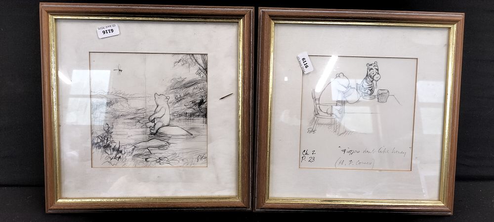Lot 200: 2 Framed Winnie the Pooh pencil prints
