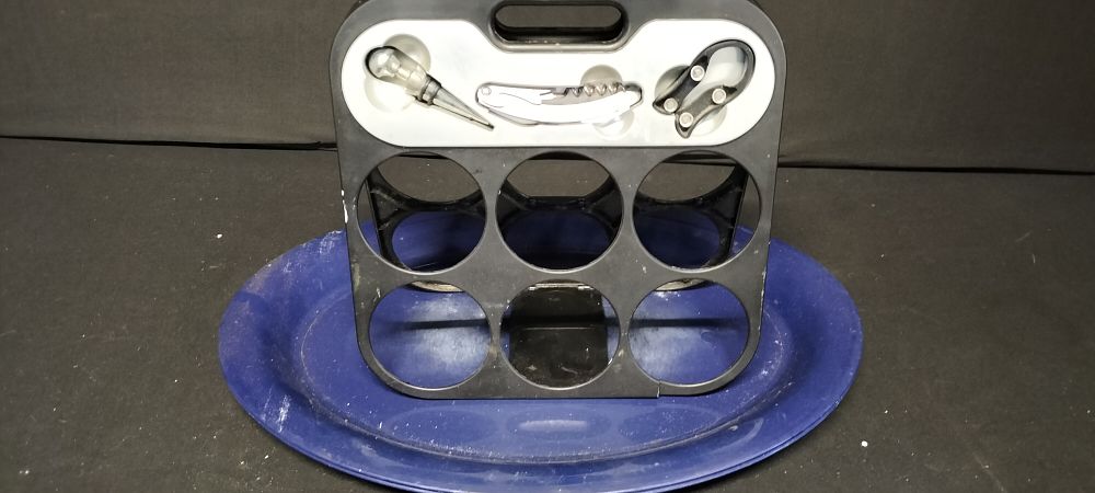 Lot 214: Collapsible Wine rack holds 6 bottles with bottle opener plus 2 blue plastic trays