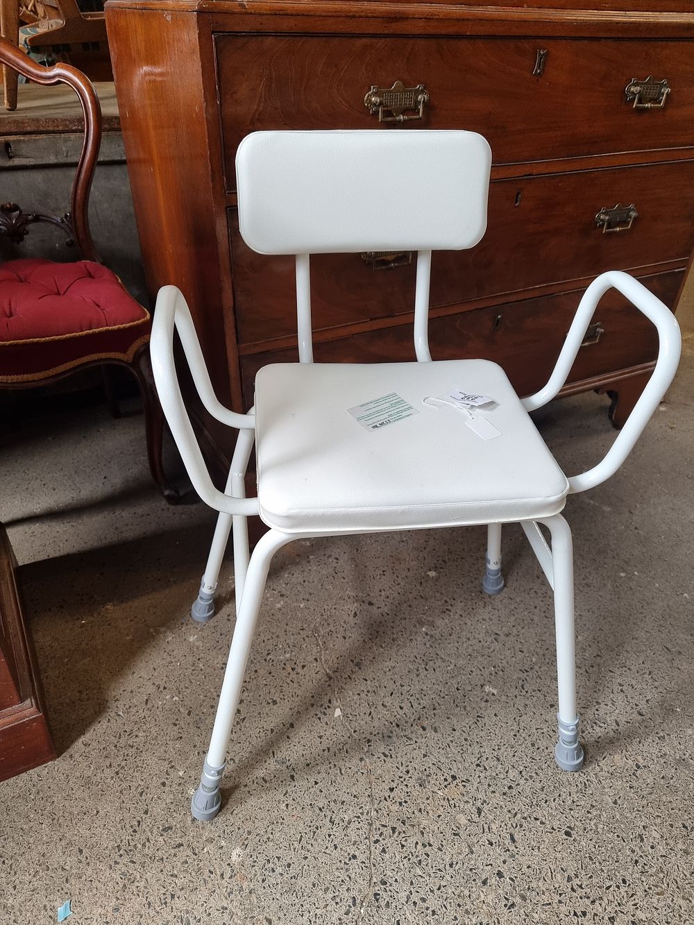 Lot 232: Adjustable Height Perching Stool with arms and easy cleaning padded seat, collection only